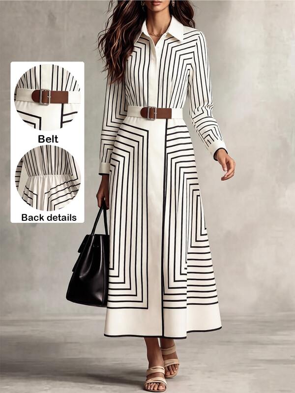SHEIN Robe ajustée à manches longues pour femme, style navetteur, automne/hiver, imprimé rayé beige, convient pour le travail et les tenues de rendez-vous