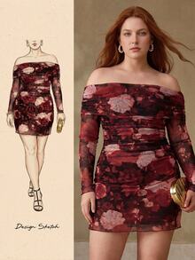MOTF PREMIUM Gaun Bodycon Ukuran Plus Romantis Seksi Gaya Prancis Warna Mawar dengan Bahu Terbuka, Detail Kerut di Pinggang, Cocok untuk Pesta Malam Musim Gugur, Warna Hitam - Merah - View 8