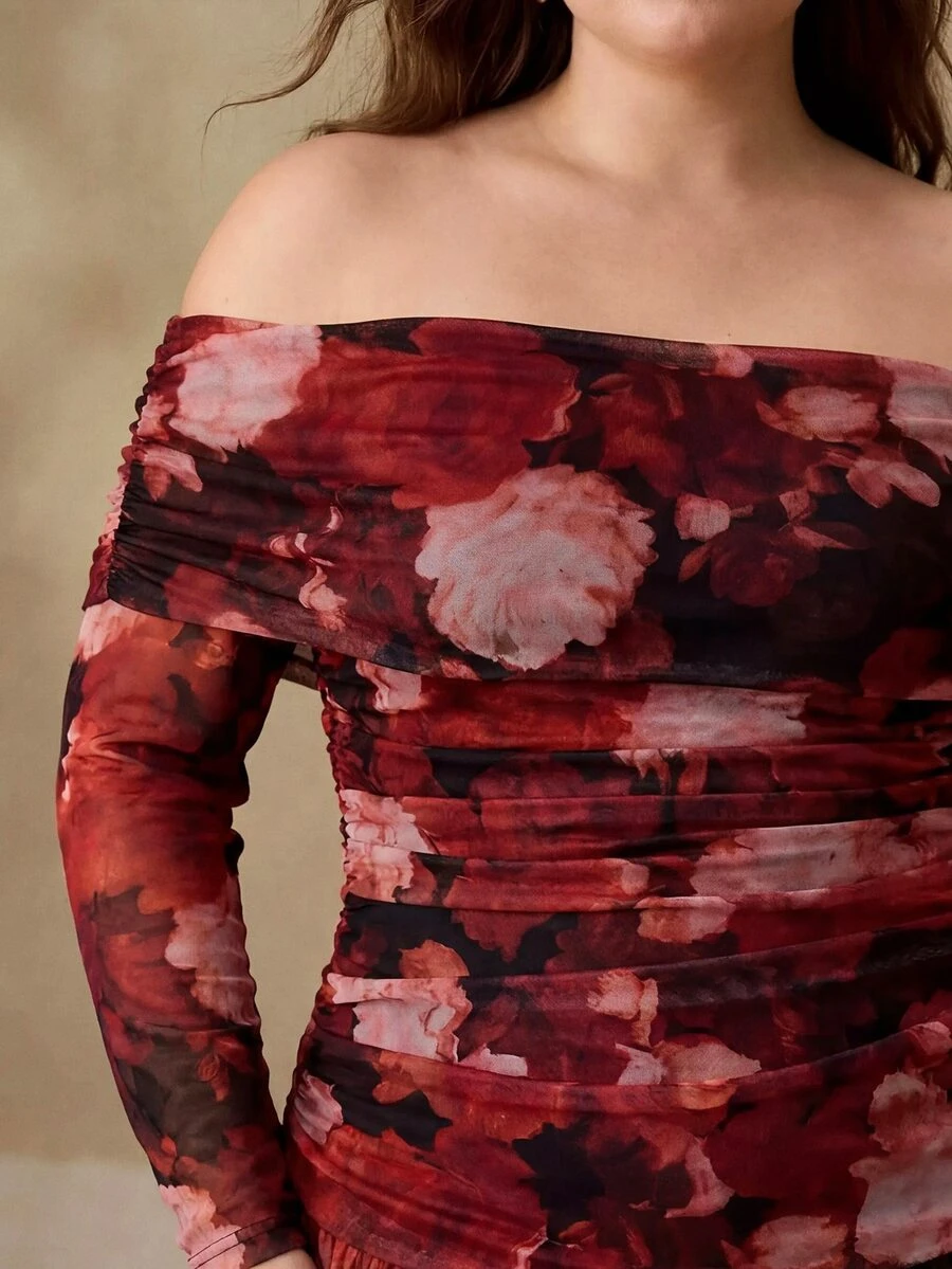 MOTF PREMIUM FRENCH ROMANTIC SEXY ROSE COLD SHOULDER RUCHED CINCHED WAIST BODYCON PLUS SIZE DRESS AUTUMN PARTY NIGHT BLACK - Red - View 2
