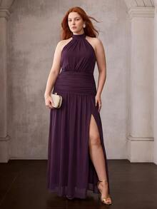 MOTF PREMIUM PLUS SIZE WOMEN'S ELEGANT HALTER NECK OPEN BACK MAXI PARTY GOWN FOR WEDDINGS, GARDEN PARTIES, EVENING GALA - Rusty Rose - View 1