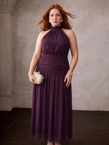 MOTF PREMIUM PLUS SIZE WOMEN'S ELEGANT HALTER NECK OPEN BACK MAXI PARTY GOWN FOR WEDDINGS, GARDEN PARTIES, EVENING GALA - Rusty Rose - View 7