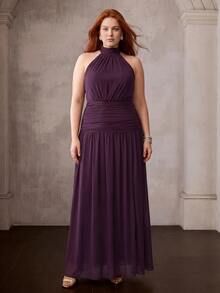 MOTF PREMIUM PLUS SIZE WOMEN'S ELEGANT HALTER NECK OPEN BACK MAXI PARTY GOWN FOR WEDDINGS, GARDEN PARTIES, EVENING GALA - Rusty Rose - View 5