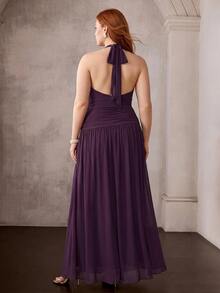 MOTF PREMIUM PLUS SIZE WOMEN'S ELEGANT HALTER NECK OPEN BACK MAXI PARTY GOWN FOR WEDDINGS, GARDEN PARTIES, EVENING GALA - Rusty Rose - View 6