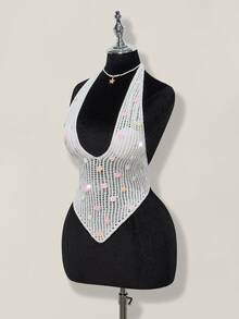 SHEIN ICON ملابس علوية كشكش للصيف ذو ظهر مكشوف وياقة حول الرقبة مزين بالخرز - أبيض - مشاهدة 4