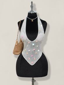 SHEIN ICON ملابس علوية كشكش للصيف ذو ظهر مكشوف وياقة حول الرقبة مزين بالخرز - أبيض - مشاهدة 6