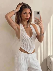 SHEIN ICON ملابس علوية كشكش للصيف ذو ظهر مكشوف وياقة حول الرقبة مزين بالخرز - أبيض - مشاهدة 1