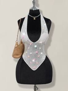 SHEIN ICON ملابس علوية كشكش للصيف ذو ظهر مكشوف وياقة حول الرقبة مزين بالخرز - أبيض - مشاهدة 8