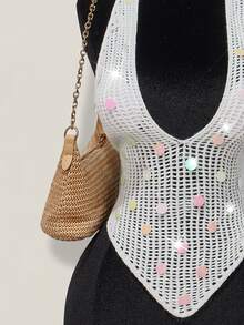 SHEIN ICON ملابس علوية كشكش للصيف ذو ظهر مكشوف وياقة حول الرقبة مزين بالخرز - أبيض - مشاهدة 7
