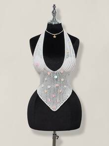 SHEIN ICON ملابس علوية كشكش للصيف ذو ظهر مكشوف وياقة حول الرقبة مزين بالخرز - أبيض - مشاهدة 3