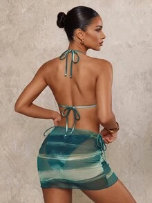 SHEIN Glamour 女款夏季海灘紮染掛脖性感時尚比基尼兩件式泳衣套裝，附外罩裙 - 綠色 - 查看 2