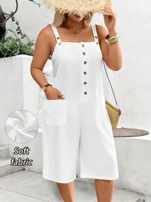 Breezaya Plus Size Casual Solid Color Jumpsuit With Dual Pockets - White - View 1