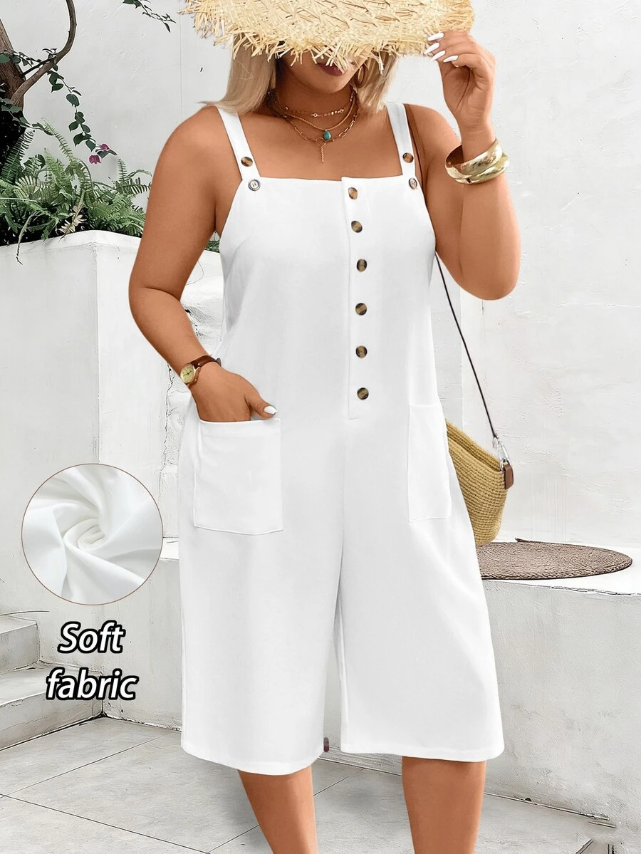 Breezaya Plus Size Casual Solid Color Jumpsuit With Dual Pockets - White - View 1