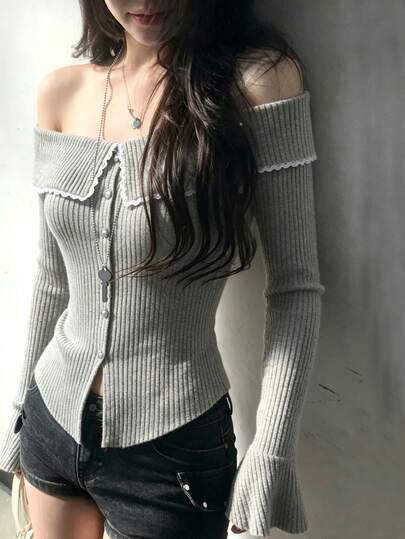 FRIFUL Women's Lace Trim Off-Shoulder Casual Daily Long Sleeve T-Shirt