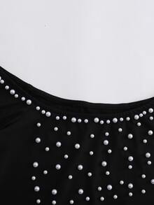 Balvessa Damen Schulter Langarm Tailliertes Damen Top, Perlen Dekor Luxus Partywear, Herbst - Schwarz - Übersicht 4