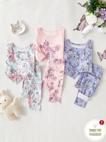 6件組 秋季/冬季/春季 女童幼兒可愛蝴蝶結碎花長袖上衣與長褲 3件式貼身睡衣 柔軟舒適居家服禮物 - 彩色 - 查看 5