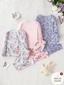 6件組 秋季/冬季/春季 女童幼兒可愛蝴蝶結碎花長袖上衣與長褲 3件式貼身睡衣 柔軟舒適居家服禮物 - 彩色 - 查看 3