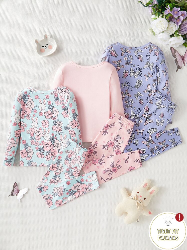 6pcs/ Fall Autumn/Winter Set Spring Girls Toddler Cute Bow & Ditsy Floral Long Sleeve Top & Pants 3 PiecesSnug Fit Pajama Soft Cozy Loungewear Gift - Multicolor - View 2