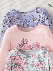 6件組 秋季/冬季/春季 女童幼兒可愛蝴蝶結碎花長袖上衣與長褲 3件式貼身睡衣 柔軟舒適居家服禮物 - 彩色 - 查看 7