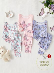 6件組 秋季/冬季/春季 女童幼兒可愛蝴蝶結碎花長袖上衣與長褲 3件式貼身睡衣 柔軟舒適居家服禮物 - 彩色 - 查看 4