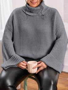 EURMUSE Plus Size Women Solid Turtleneck Drop Shoulder Oversize Sweater - Light Grey - View 7
