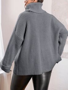 EURMUSE Plus Size Women Solid Turtleneck Drop Shoulder Oversize Sweater - Light Grey - View 2