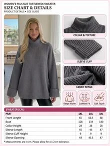 EURMUSE Plus Size Women Solid Turtleneck Drop Shoulder Oversize Sweater - Light Grey - View 3