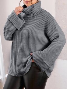 EURMUSE Plus Size Women Solid Turtleneck Drop Shoulder Oversize Sweater - Light Grey - View 5