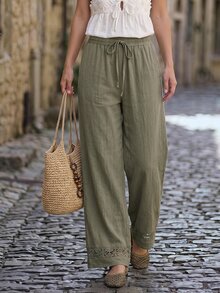 Hansera Celana Kaki Lurus Pinggang Tali Serut Hijau Zaitun Piknik Musim Gugur Kasual Boho - Hijau Tentara - View 6