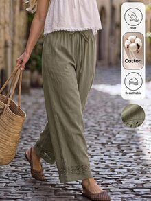 Hansera Celana Kaki Lurus Pinggang Tali Serut Hijau Zaitun Piknik Musim Gugur Kasual Boho - Hijau Tentara - View 8
