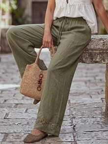 Hansera Celana Kaki Lurus Pinggang Tali Serut Hijau Zaitun Piknik Musim Gugur Kasual Boho - Hijau Tentara - View 5
