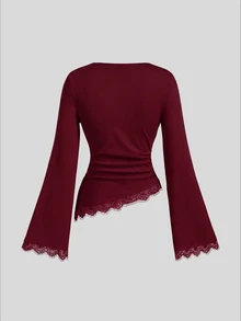 SHEIN MOD 女款純色蕾絲拼接不對稱下擺T恤 - 酒紅色 - 查看 4