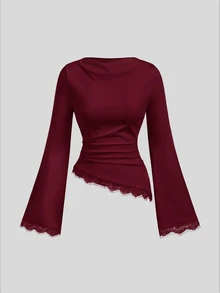 SHEIN MOD 女款純色蕾絲拼接不對稱下擺T恤 - 酒紅色 - 查看 5