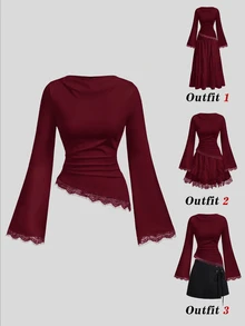 SHEIN MOD 女款純色蕾絲拼接不對稱下擺T恤 - 酒紅色 - 查看 3