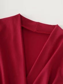Balvessa Women's Elegant Solid Color Surplice Neck Ruched Waist Wrap Hem Ruffle Dress, Spring/Autumn - Red - View 4