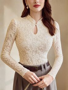 Vintamour 女款旗袍領長袖修身優雅T恤 - 杏色 - 查看 4