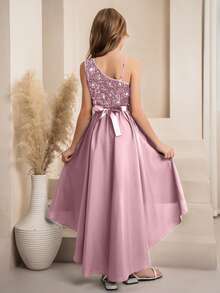 SHEIN Flower Girl High-End Sequin One Shoulder Cutout A-Line Uneven Hem Mid-Length Dress, Suitable For Weddings, Formal Events, Birthday Parties Autumn Fall - Pink - View 3