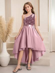 SHEIN Flower Girl High-End Sequin One Shoulder Cutout A-Line Uneven Hem Mid-Length Dress, Suitable For Weddings, Formal Events, Birthday Parties Autumn Fall - Pink - View 4