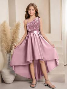 SHEIN Flower Girl High-End Sequin One Shoulder Cutout A-Line Uneven Hem Mid-Length Dress, Suitable For Weddings, Formal Events, Birthday Parties Autumn Fall - Pink - View 7