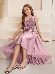 SHEIN Flower Girl High-End Sequin One Shoulder Cutout A-Line Uneven Hem Mid-Length Dress, Suitable For Weddings, Formal Events, Birthday Parties Autumn Fall - Pink - View 6