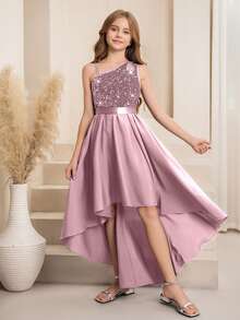 SHEIN Flower Girl High-End Sequin One Shoulder Cutout A-Line Uneven Hem Mid-Length Dress, Suitable For Weddings, Formal Events, Birthday Parties Autumn Fall - Pink - View 5