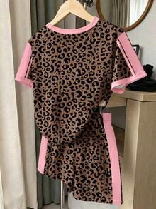 SHEIN Elladie kids [2件組]8-12歲女孩甜酷風粉色側邊縱條紋＋豹紋蝴蝶結短袖T恤搭配豹紋短褲套裝，輕便日常穿著／校園穿搭／休閒外出，春夏秋童裝 - 彩色 - 查看 2