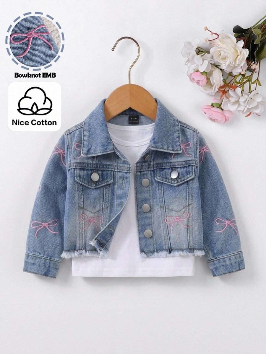 SHEIN 女嬰 Y2K 可愛粉色蝴蝶結刺繡藍色牛仔寬鬆夾克,秋冬款,適合日常穿著、街頭風、聖誕節 - 淺色水洗藍 - 查看 1
