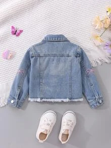 SHEIN 女嬰 Y2K 可愛粉色蝴蝶結刺繡藍色牛仔寬鬆夾克，秋冬款，適合日常穿著、街頭風、聖誕節 - 淺色水洗藍 - 查看 2
