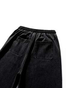 Vintage Teen Boys Elastic Waist Relaxed Fit Comfortable Washed Deep Blue Tapered Jeans, School, Campus, College Autumn Fall - Black - View 6