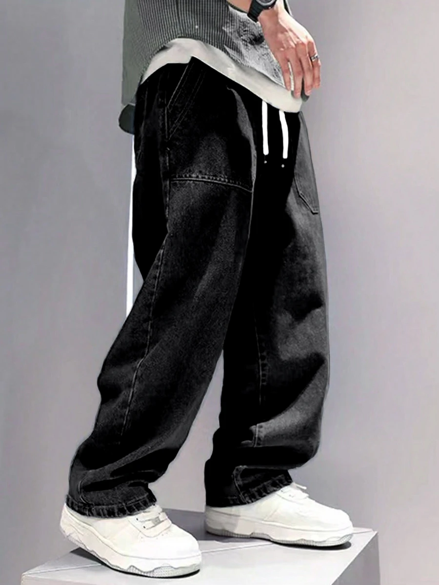 Vintage Teen Boys Elastic Waist Relaxed Fit Comfortable Washed Deep Blue Tapered Jeans, School, Campus, College Autumn Fall - Black - View 1