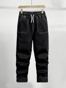 Vintage Teen Boys Elastic Waist Relaxed Fit Comfortable Washed Deep Blue Tapered Jeans, School, Campus, College Autumn Fall - Black - View 3