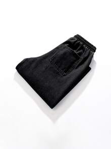 Vintage Teen Boys Elastic Waist Relaxed Fit Comfortable Washed Deep Blue Tapered Jeans, School, Campus, College Autumn Fall - Black - View 7