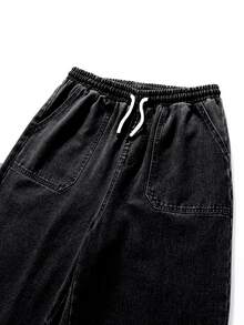 Vintage Teen Boys Elastic Waist Relaxed Fit Comfortable Washed Deep Blue Tapered Jeans, School, Campus, College Autumn Fall - Black - View 5
