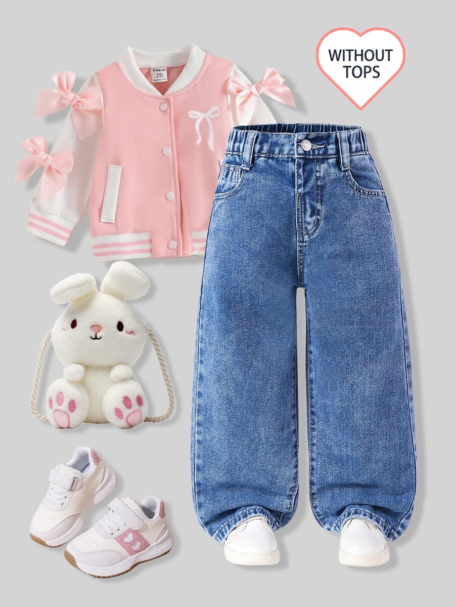 SHEIN Y2K 风少女日常穿搭，弹力腰直筒牛仔裤，平口袋设计，适合夏季假日日常穿搭
