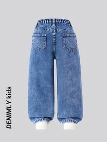 SHEIN Y2K 风少女日常穿搭，弹力腰直筒牛仔裤，平口袋设计，适合夏季假日日常穿搭 - 深色水洗藍 - 查看 3